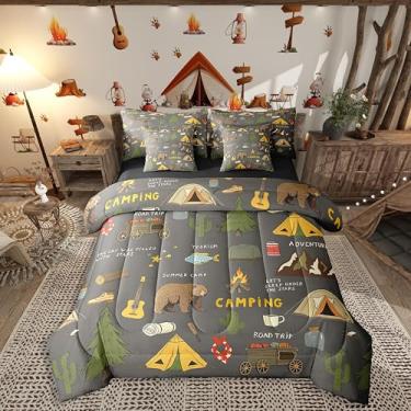 Imagem de Erosebridal Conjunto de edredom de 7 peças Happy Camping, cama de solteiro em uma bolsa para crianças, urso de caça e peixe-lúcio, acessórios para acampamento, viagem, carro, caminhada, guitarra