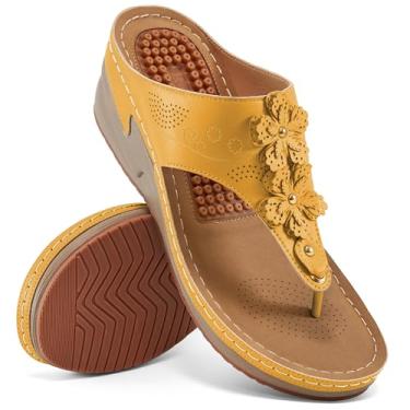 Imagem de HARENCE Sandálias femininas estilosas: confortável palmilha acolchoada caminhada plataforma sapatos verão casual chinelos femininos, Amarelo, 35