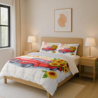 Imagem de Conjunto de capa de edredom You are My Sunshine, 3 peças vintage vermelho caminhão e girassol, capa de edredom de fazenda macia com 2 fronhas – decoração de quarto floral rústica (173 x 218 cm)