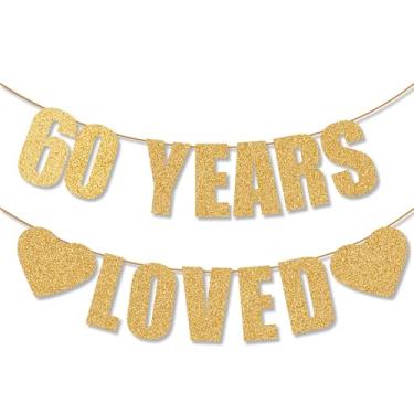 Imagem de Faixa dourada pré-amarrada com glitter de 60 anos, decoração de festa de feliz aniversário de 60 anos para mulheres e homens, 60 anos, suprimentos de decoração de sinal de aniversário amado
