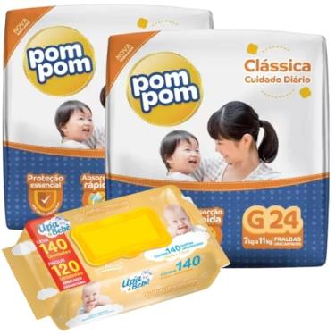 Imagem de Kit 02 Pacotes Fraldas Descartáveis PomPom P M G XG + 140 Lenços Toalhas Umedecidos para Bebê UPA (Grande)