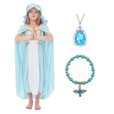 Imagem de Aroacle Fantasia de Virgem Maria para meninas de Santa Maria, roupa bíblica, vestido de presépio religioso para crianças com capa e acessório de cabeça (6-7 anos)