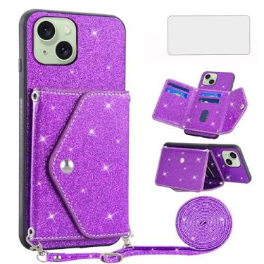 Imagem de Capa de celular para iPhone 15 Plus de 6,7 polegadas com protetor de tela de vidro temperado e alça transversal com glitter, porta-cartões i-Phone 15+ iPhone15Plus 5G i i15 + iPhone15 15Plus roxo