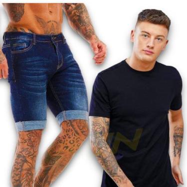 Imagem de Kit Bermuda Jeans Skinny + Camiseta Algodão Manga Curta Masculina 469 