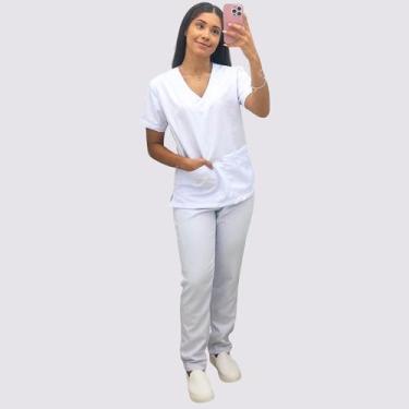 Imagem de Pijama Clássico Gabardine Feminino Branco - Conjunto Hospitalar - no-b