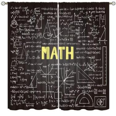 Imagem de Fblifil Cortinas de educação de conhecimento matemático para adolescentes, quadro negro escuro com equações matemáticas geometria eixo arte impressa cortinas de janela para sala de estar, quarto, sala