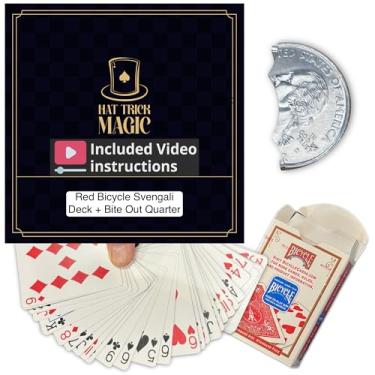 Imagem de Hat Trick Magic Red Back Svengali Deck and Bite Out Quarter Trick Kit Includes Replacement Rubber Bands