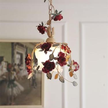 Imagem de Luminária pendente de flor francesa, ilha de cozinha, grande luminária pendente de vidro leitoso, rosa vermelha, floral, teto, lustre nórdico moderno para sala de jantar, quarto de meninas,