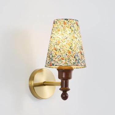 Imagem de Luminária de parede de latão antigo retrô, luminária de parede nórdica de madeira com abajur de tecido colorido, luminária de parede de metal dourado escovado de meados do século, arandelas