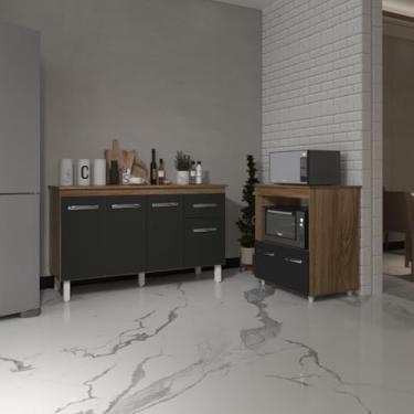 Imagem de Mobília Decor, Armário Gabinete Camila 138 cm com Tampo Tampão e Balcão Amanda para Forno e Microondas Savana com Preto