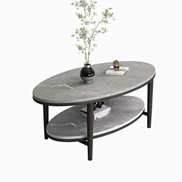 Imagem de Mesa de centro pequena oval para sala de estar, mesa de centro moderna de 2 camadas com prateleira de armazenamento aberta, mesa de pedra com moldura de metal, mesa de coquetel central moderna simples