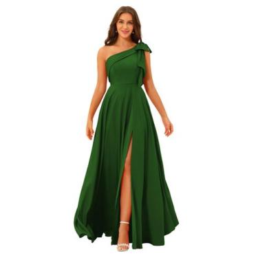 Imagem de Vestido de dama de honra BITALY de um ombro em cetim verde esmeralda