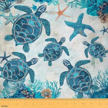 Imagem de Erosebridal Tecido de tartarugas marinhas estrela do mar, tecido de estofamento subaquático para cadeiras de sofá, arte a óleo à prova d'água, decoração ao ar livre, bege petróleo, 2 metros