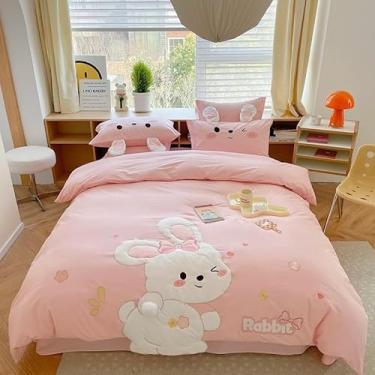 Imagem de Jogo de cama rosa fofo com aplique de coelho bordado 100% algodão para meninas, conjunto de capa de edredom com elástico (lençol com elástico Queen 4 peças)