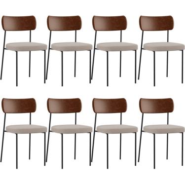 Imagem de Kit 08 Cadeiras Para Sala De Jantar Melina L02 Couríssimo Marrom Linho Bege - Lyam Decor