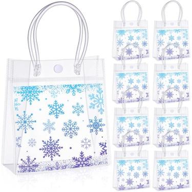 Imagem de Sweetude 20 peças de sacos de presente transparentes de floco de neve, PVC, Natal, inverno, lembrancinhas, sacolas de plástico para doces e guloseimas com alças azuis e roxas para chá de bebê de