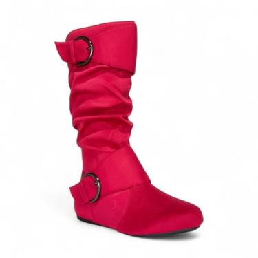 Imagem de ABSOLEX Botas femininas com fivela de bico redondo com zíper lateral, salto plano a baixo, cano médio, Camurça vermelha, 37