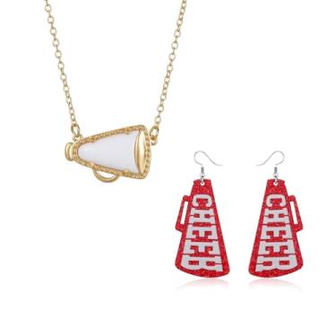 Imagem de QLUYCKW Conjunto de colar de líder de torcida para mulheres delicados ginastica megafone pingente colar com pingente de megafone glitter CHEER brincos de acrílico esportes de equipe joias, Medium