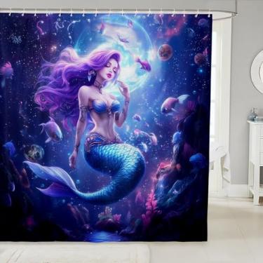 Imagem de Cortina de chuveiro infantil sereia, peixes, plantas aquáticas, galáxia, decoração de casa, fantasia mágica tripy, cortinas impermeáveis azuis e roxas, 12 ganchos para ternos, 182 cm L x 183 cm C