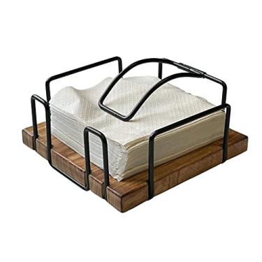 Imagem de Tribello Porta-guardanapos Farmhouse para cozinha, suporte de guardanapo vintage plano em aço rústico resistente, decoração de cozinha e sala de jantar, base de madeira, com braço pesado