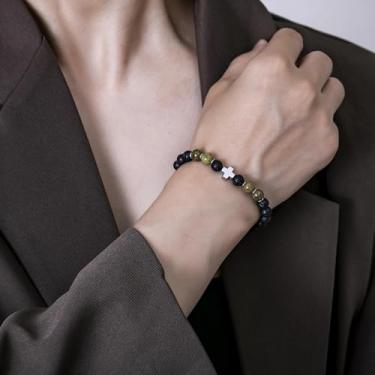 Imagem de Pulseira de contas feita à mão para homens e mulheres, cordão elástico com pedra natural e contas de destaque, joia de pulso ajustável, 7.68Inches, Rocha vulcânica, Sem Pedra Preciosa