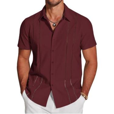 Imagem de Camisa COOFANDY Cuban Guayabera de manga curta vinho tinto