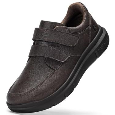 Imagem de FitVille Sapatos masculinos de caminhada extra largos, sapatos de negócios de couro confortáveis com gancho e laço, sapatos ortopédicos para diabéticos, tênis social para edema e pés inchados, Marrom