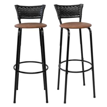 Imagem de Kit 2 Banquetas Altas 80cm Estrutura Preta Encosto Junco Preto Ideal Bancada Cozinha Americana Bares Balcão Ilha Área Gourmet Piscina Itagold (Assento Marrom Claro)