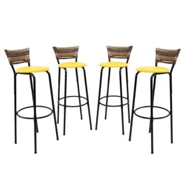 Imagem de Kit 4 Banquetas Altas 80cm Estrutura Preta Encosto Junco Cappuccino Ideal P/Bancada Cozinha Americana Bares Balcão Itagold (Assento Amarelo)