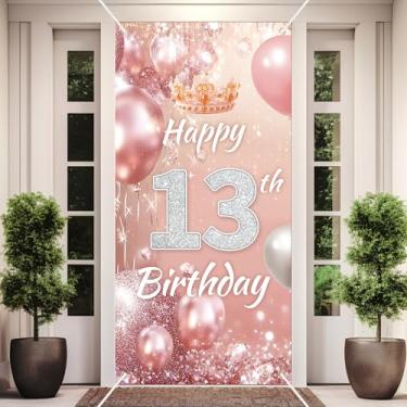 Imagem de Faixa rosa rosa feliz aniversário 13 anos pano de fundo diamante glitter tema decoração para meninas princesa festa de aniversário decoração decoração suprimentos 89 x 182 cm BECKTEN