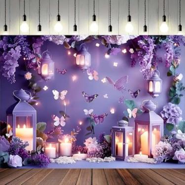 Imagem de Pano de fundo para fotografia de borboleta roxa lavanda cenário de vela floral país das maravilhas casamento chá de panela cenário de estúdio de show de bebê recém-nascido (A1, 7 x 5 pés)