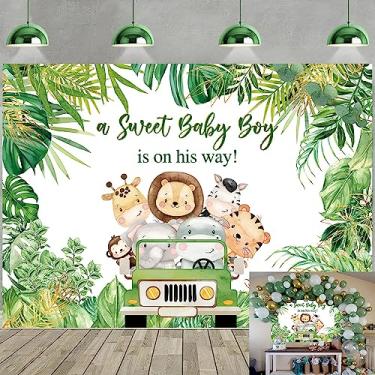 Imagem de Pano de fundo para chá de bebê com animais da selva, um doce menino está a caminho, para meninos, chá de bebê, sessão de fotos, festa de zoológico, folhas verdes, decoração de mesa de bolo, 19 x 1,5 m