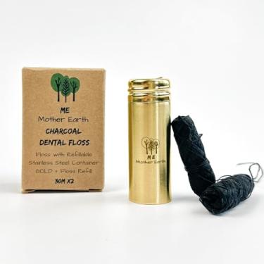 Imagem de Me Mother Earth Fio dental de carvão vegetal de bambu vegano com recipiente de aço inoxidável dourado, feito com cera de candelila natural, com 30 metros x 2 refis de fio dental, hortelã-pimenta, zero