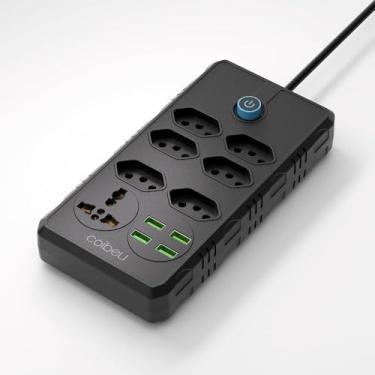 Imagem de Régua de Energia Preta com 6 Tomadas, 4 Portas USB, 1 Tomada Universal, Cabo 5 m, Potência 2500 W, Bivolt 110-220 V – Extensão Elétrica Multifuncional