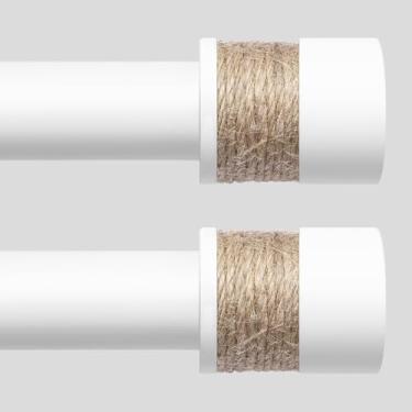 Imagem de Pacote com 2 varões de cortina decorativos brancos para janelas de 122 a 213 cm, varão de cortina boho ajustável de 2,5 cm com acabamento em barbante, varão rústico de cortina de fazenda para quarto e