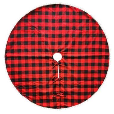 Imagem de Saia xadrez de búfalo grande com acabamento de pompom, tapete xadrez vermelho e preto de 121 cm com gravatas, capa de base de Natal para casa de fazenda