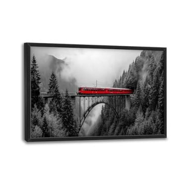 Imagem de Olivine Arte de parede grande de trem, decoração de parede preto e branco, pintura de trem, impressões em tela de paisagem da natureza, arte emoldurada para sala de jantar, sala de estar, quarto