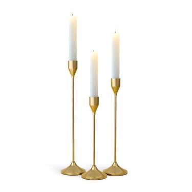 Imagem de Castiçal de metal dourado de latão, castiçal vintage, suporte de vela para decoração de casamento, jantar, festa, serve para velas de 1,9 cm de espessura e velas de LED (conjunto de 3 peças)