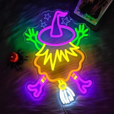 Imagem de hhuohuona Sinal de néon de Halloween, decoração de bruxa, dia das bruxas, letreiro de LED bruxa batendo em árvore, luzes de néon, sinal de iluminação engraçado, presentes perversos
