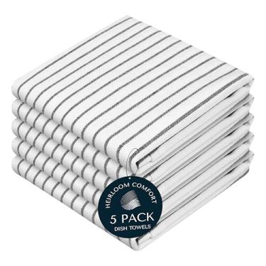 Imagem de HEIRLOOM COMFORT Toalhas de cozinha listradas pretas (pacote com 5), 100% algodão, conjunto de toalhas listradas clássico, panos de prato super absorventes e duráveis, tecido de secagem rápida para