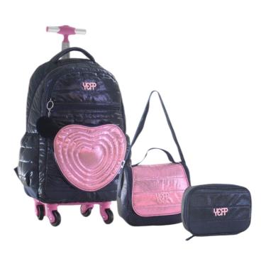 Imagem de Kit Mochila Escolar Juvenil Feminina Coração Rodinhas Pom Pom Yepp
