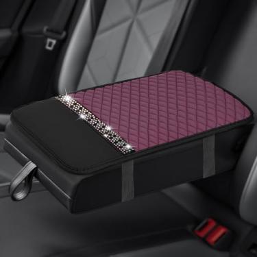 Imagem de HQRNYP Capa de caixa de apoio de braço de carro de couro brilhante, capa de console central, almofada de console central de strass de cristal, à prova d'água, antiarranhões, acessórios para a maioria