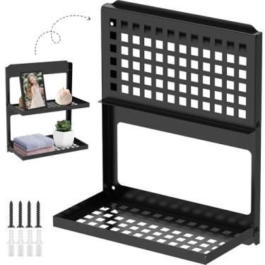 Imagem de Prateleira de metal dobrável de 2 níveis montada na parede, 34 cm L × 18 cm P × 41,4 cm A, prateleira dobrável de parede, painel de malha, economiza espaço, para sala de estar, cozinha, banheiro