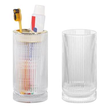 Imagem de Tonxus Suportes de escova de dentes para banheiros, 2 peças de suporte de escova de dentes de vidro, copo de banheiro de 400 ml e copo de enxaguante bucal, escova de dentes e organizador de pasta de