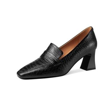 Imagem de TinaCus Sapato feminino retrô de salto médio grosso feito à mão em couro genuíno em relevo, Preto, 40