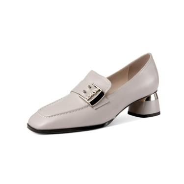 Imagem de TinaCus Sapato feminino de bico quadrado feito à mão com fivela de metal de couro legítimo, salto baixo grosso, casual, mocassim, Cinza, 35