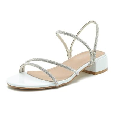Imagem de Enelauge Sandálias femininas de strass com bico aberto e bico aberto, salto grosso, costas nuas, verão, férias, festa, casamento, sapatos, Branco, 40