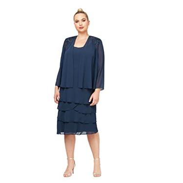 Imagem de S.L. Fashions Vestido feminino Mother of the Bride em camadas com enfeite de ombro, Azul marino, 48