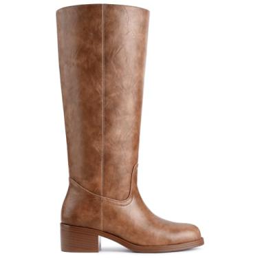 Imagem de Gothictor Botas femininas de cano alto banana bico quadrado salto grosso confortável salto baixo puxar na panturrilha larga botas longas para mulheres, Marrom banana, 4.5 UK