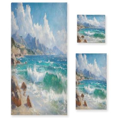 Imagem de Blueangle Conjunto de toalhas de pintura a óleo do oceano tropical - 3 peças de toalhas de banheiro macias absorventes para spa e decoração de casa (inclui banho, toalha de mão e toalha) #314
